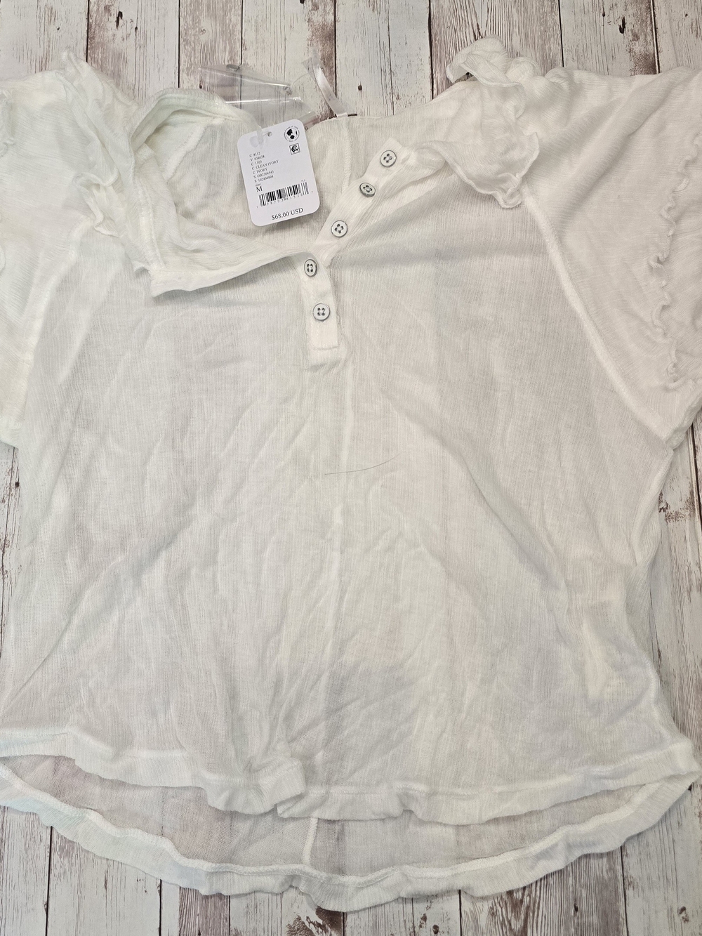 Free People - Cream Half Buttoned Flutter Short Sleeve Henley